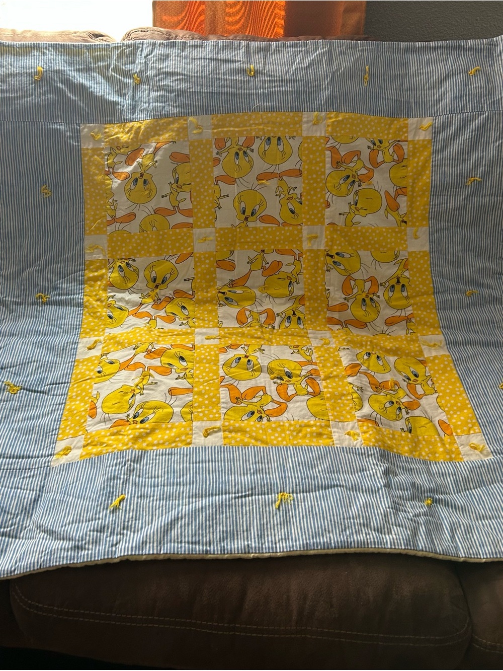 Yellow Tweety Patchwork Baby Quilt with Blue Stripe Border